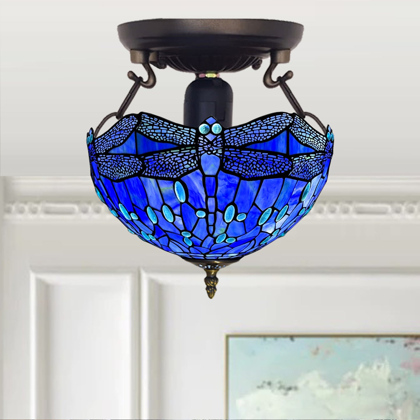 Auroh Tiffany Ceiling Light 16 Inch – C-1607 Deep Sapphire Blue Dragonfly Handcrafted Stained Glass, UK