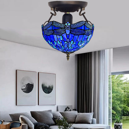 Auroh Tiffany Ceiling Light 16 Inch – C-1607 Deep Sapphire Blue Dragonfly Handcrafted Stained Glass, UK