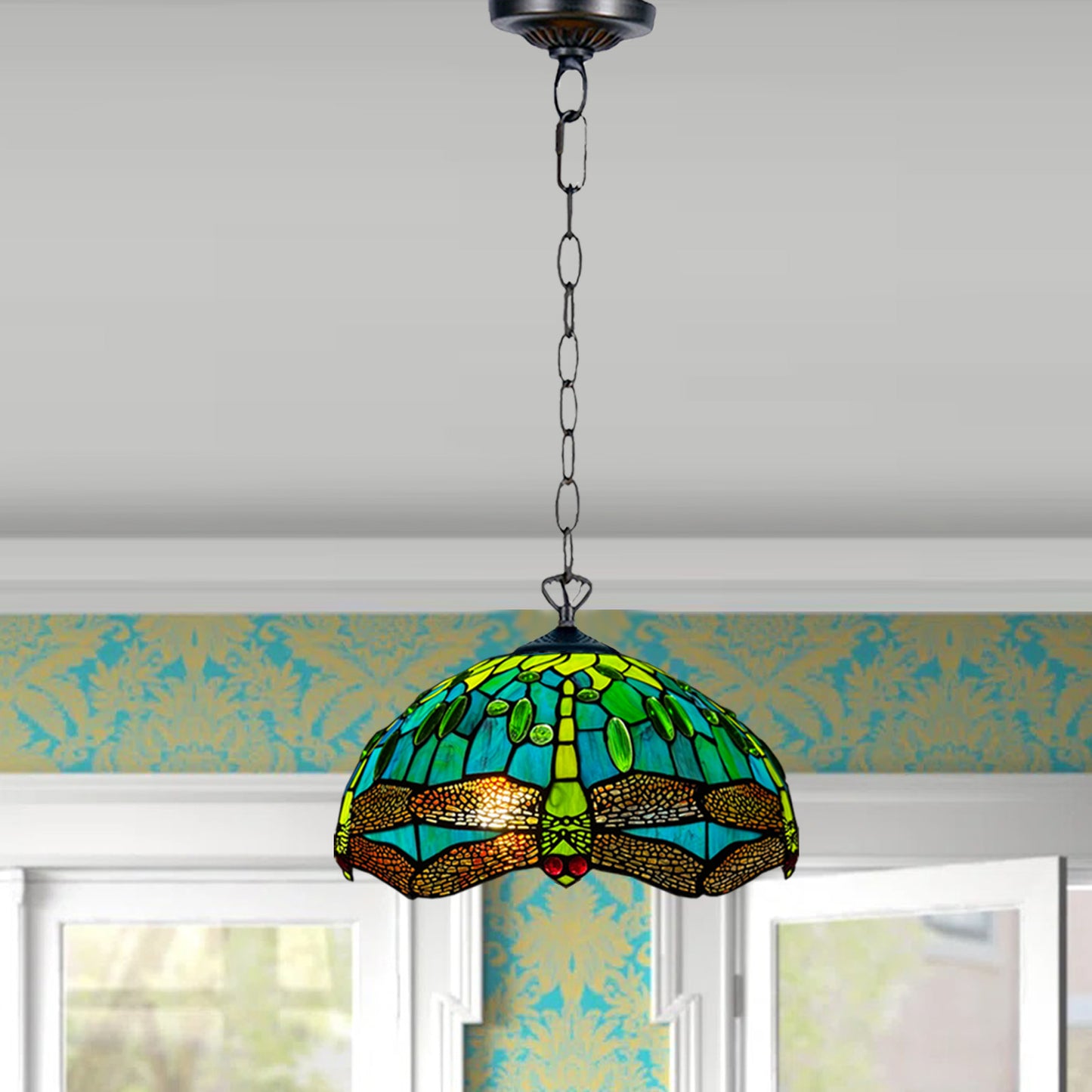 Auroh Tiffany Pendant Light 16 Inch – P-1615 Teal & Green Dragonfly Handcrafted Stained Glass, UK