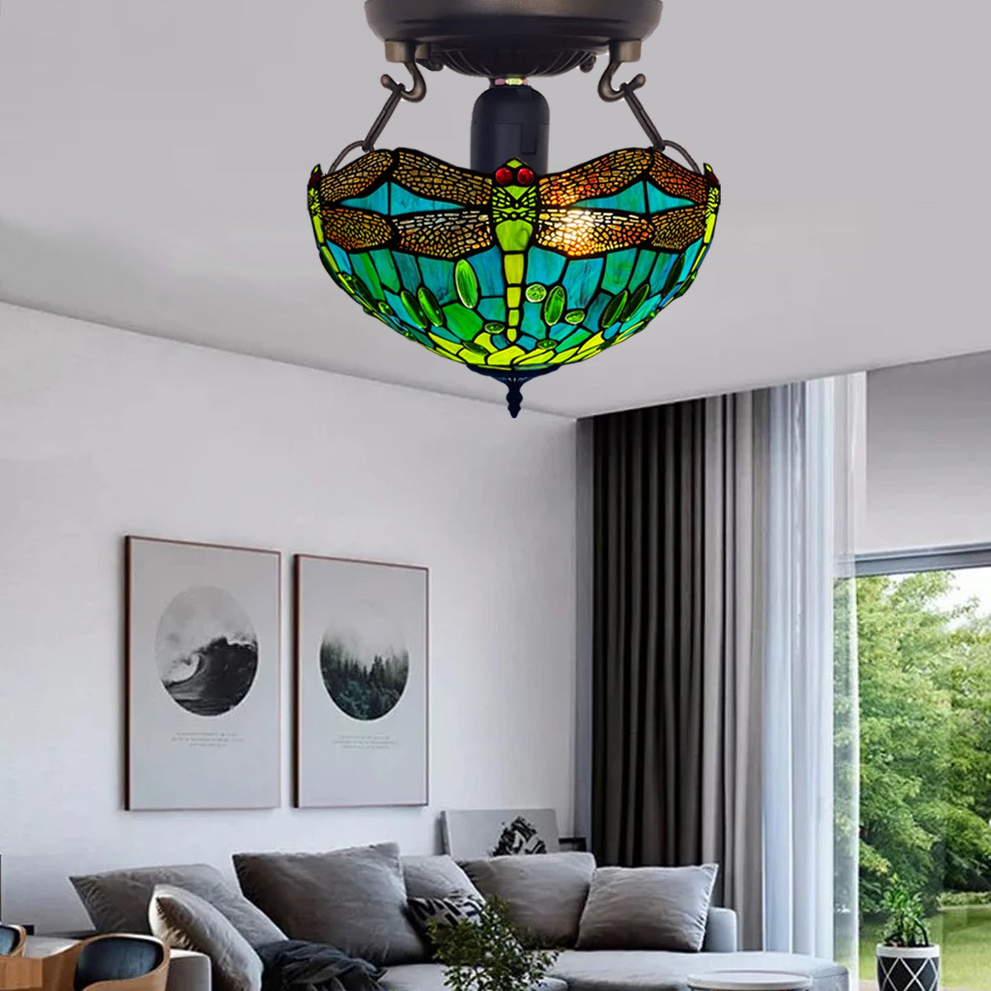 Auroh Tiffany Ceiling Light 16 Inch – C-1615 Multicolour Garden Floral Handcrafted Stained Glass, UK