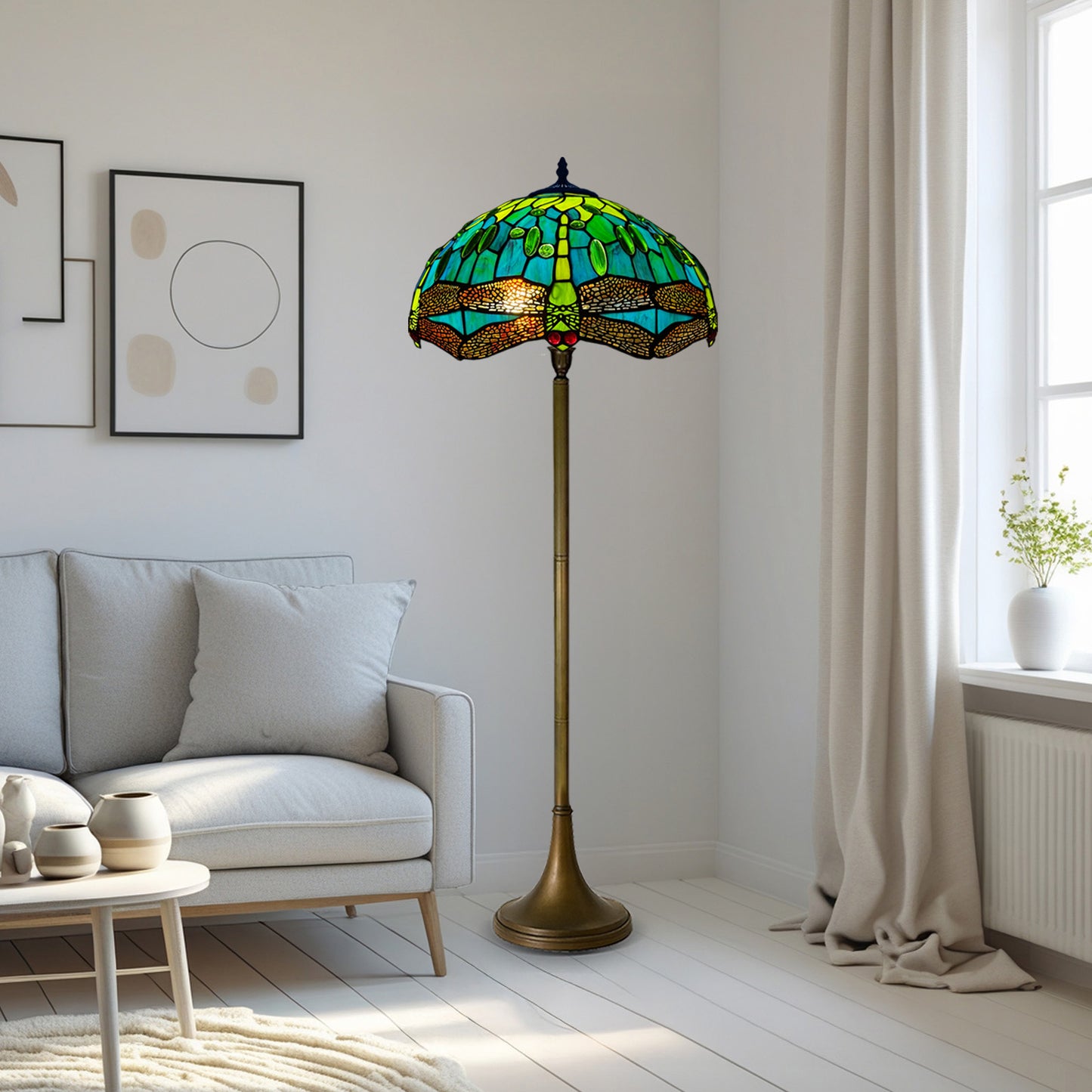 Auroh Tiffany Floor Lamp 16 Inch – TFL-1615 Teal & Green Dragonfly Handcrafted Stained Glass, 168cm, UK