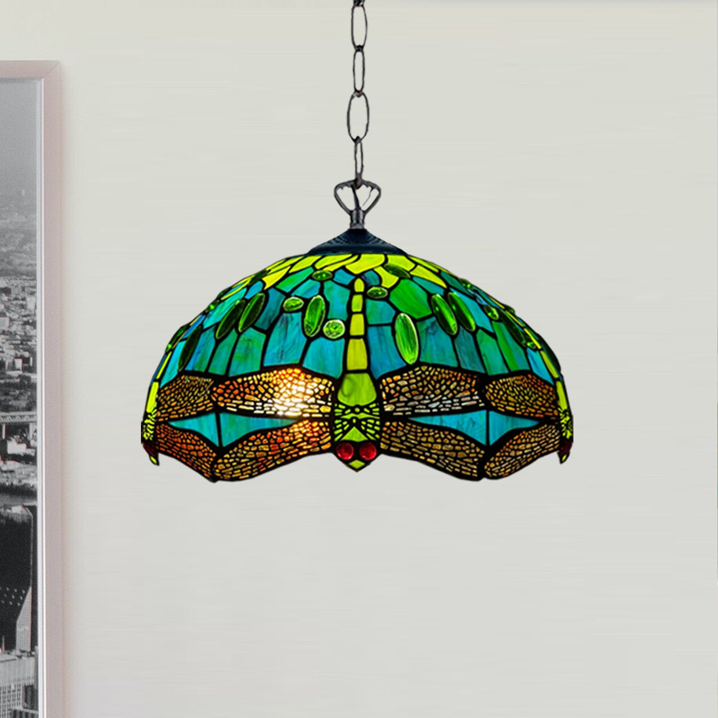 Auroh Tiffany Pendant Light 16 Inch – P-1615 Teal & Green Dragonfly Handcrafted Stained Glass, UK