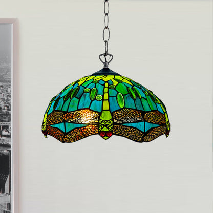 Auroh Tiffany Pendant Light 16 Inch – P-1615 Teal & Green Dragonfly Handcrafted Stained Glass, UK