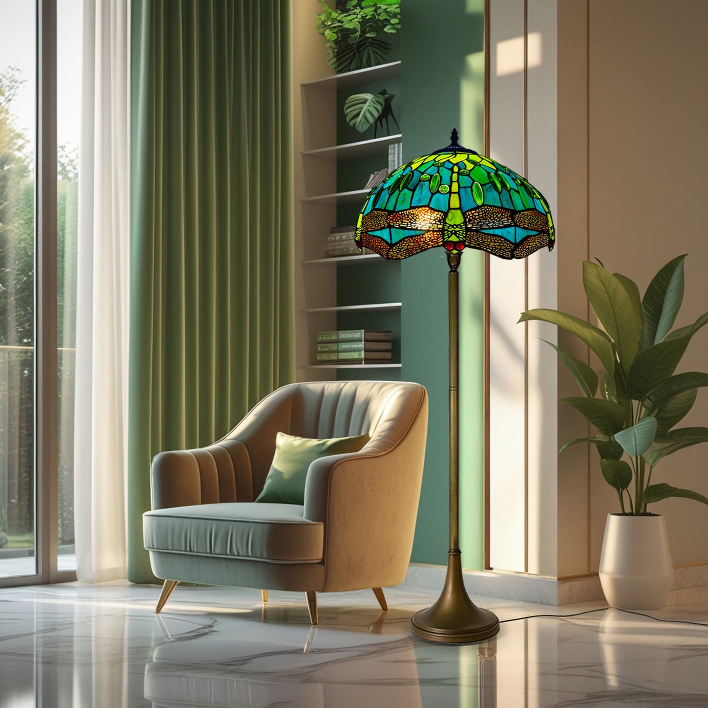 Auroh Tiffany Floor Lamp 16 Inch – TFL-1615 Teal & Green Dragonfly Handcrafted Stained Glass, 168cm, UK