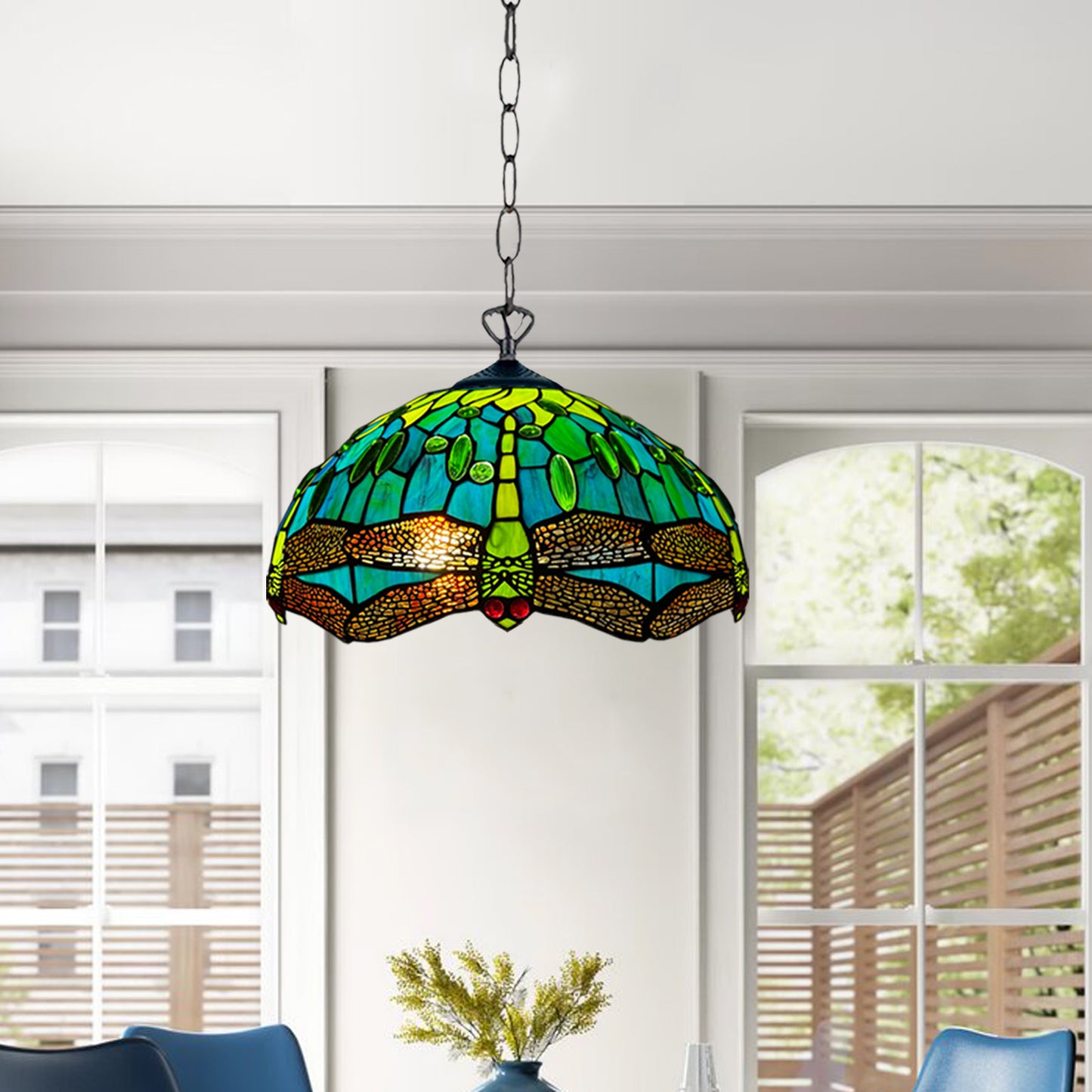 Auroh Tiffany Pendant Light 16 Inch – P-1615 Teal & Green Dragonfly Handcrafted Stained Glass, UK
