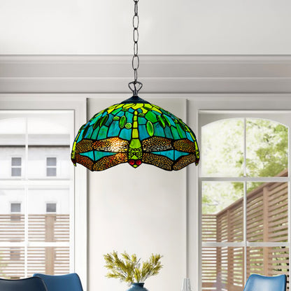 Auroh Tiffany Pendant Light 16 Inch – P-1615 Teal & Green Dragonfly Handcrafted Stained Glass, UK