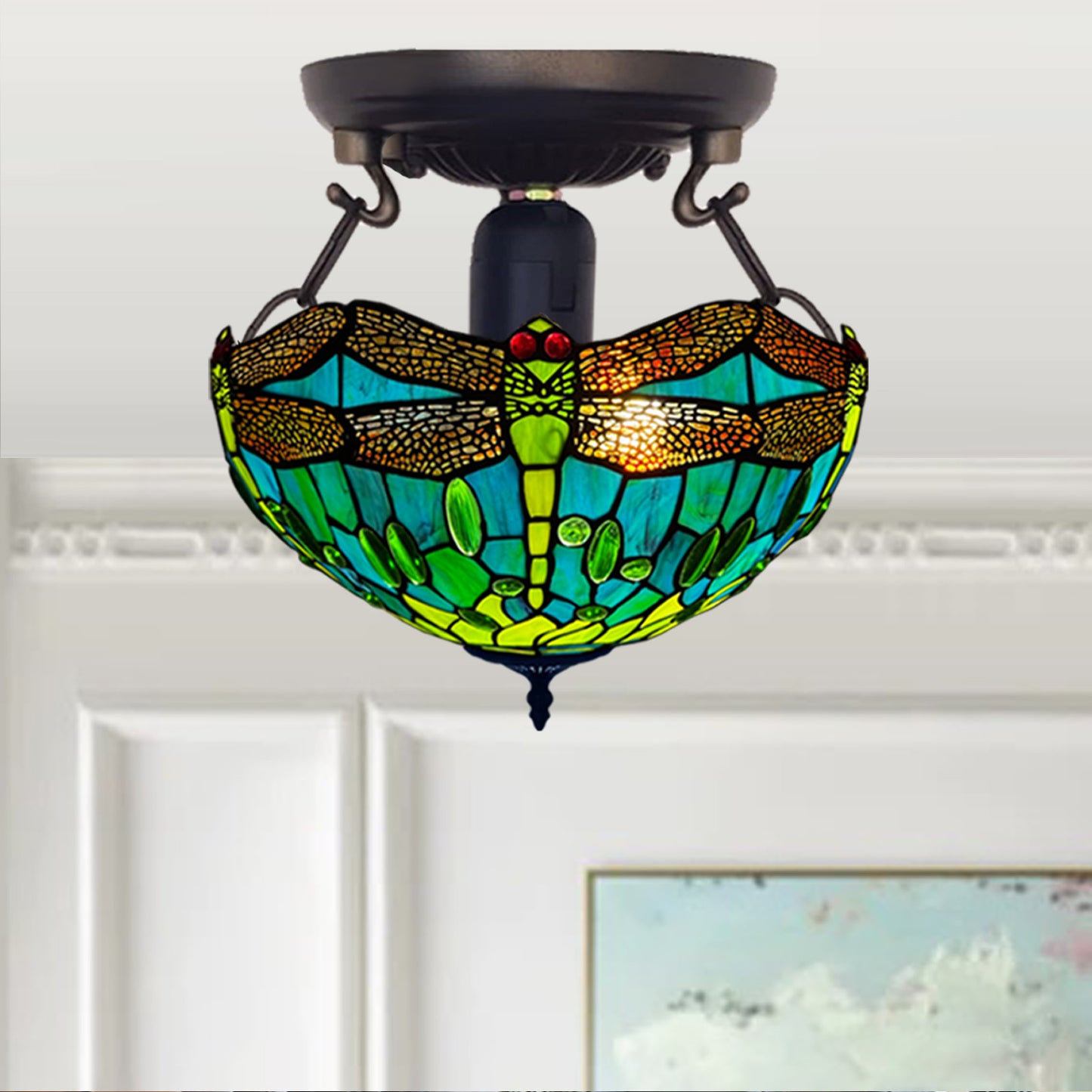 Auroh Tiffany Ceiling Light 16 Inch – C-1615 Multicolour Garden Floral Handcrafted Stained Glass, UK
