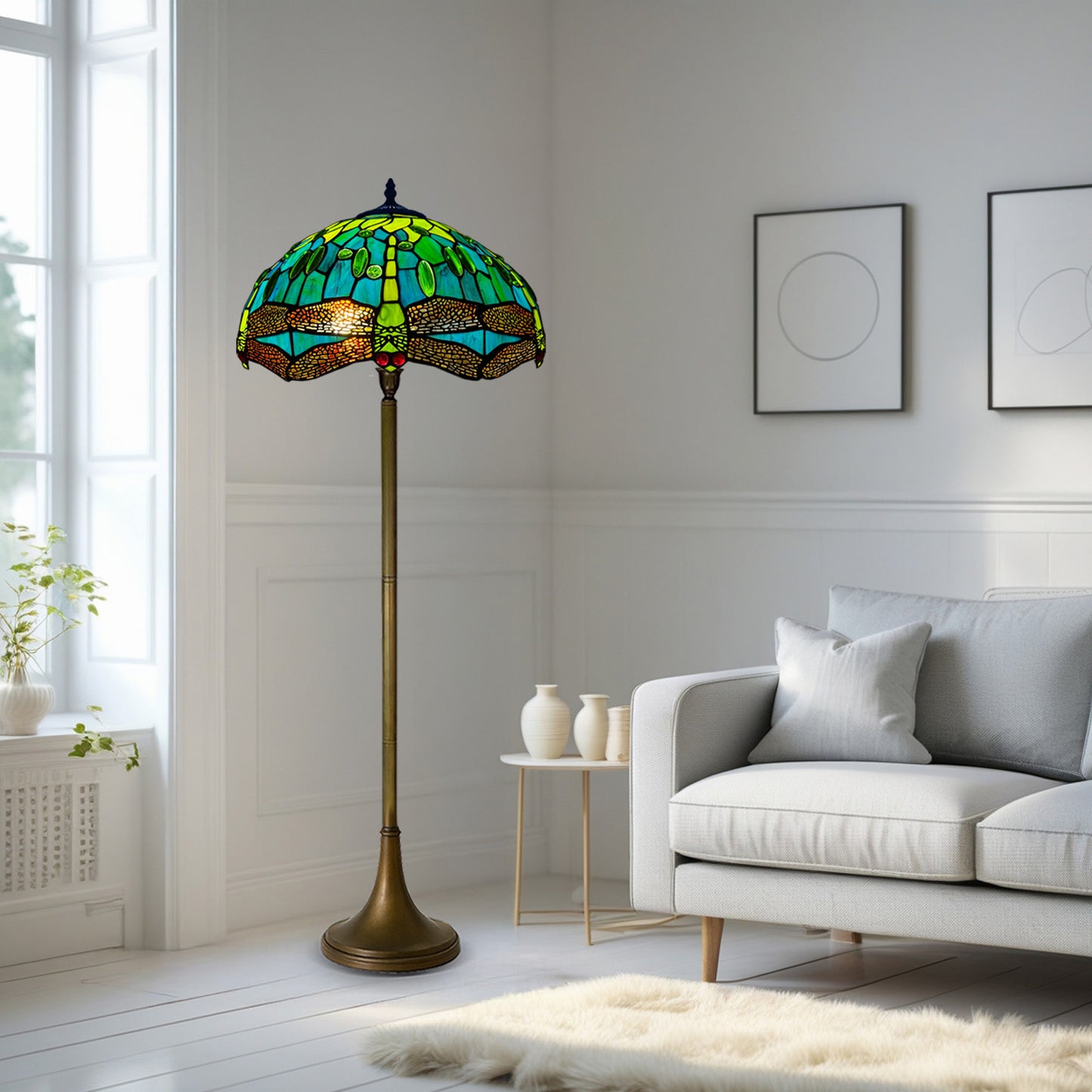 Auroh Tiffany Floor Lamp 16 Inch – TFL-1615 Teal & Green Dragonfly Handcrafted Stained Glass, 168cm, UK