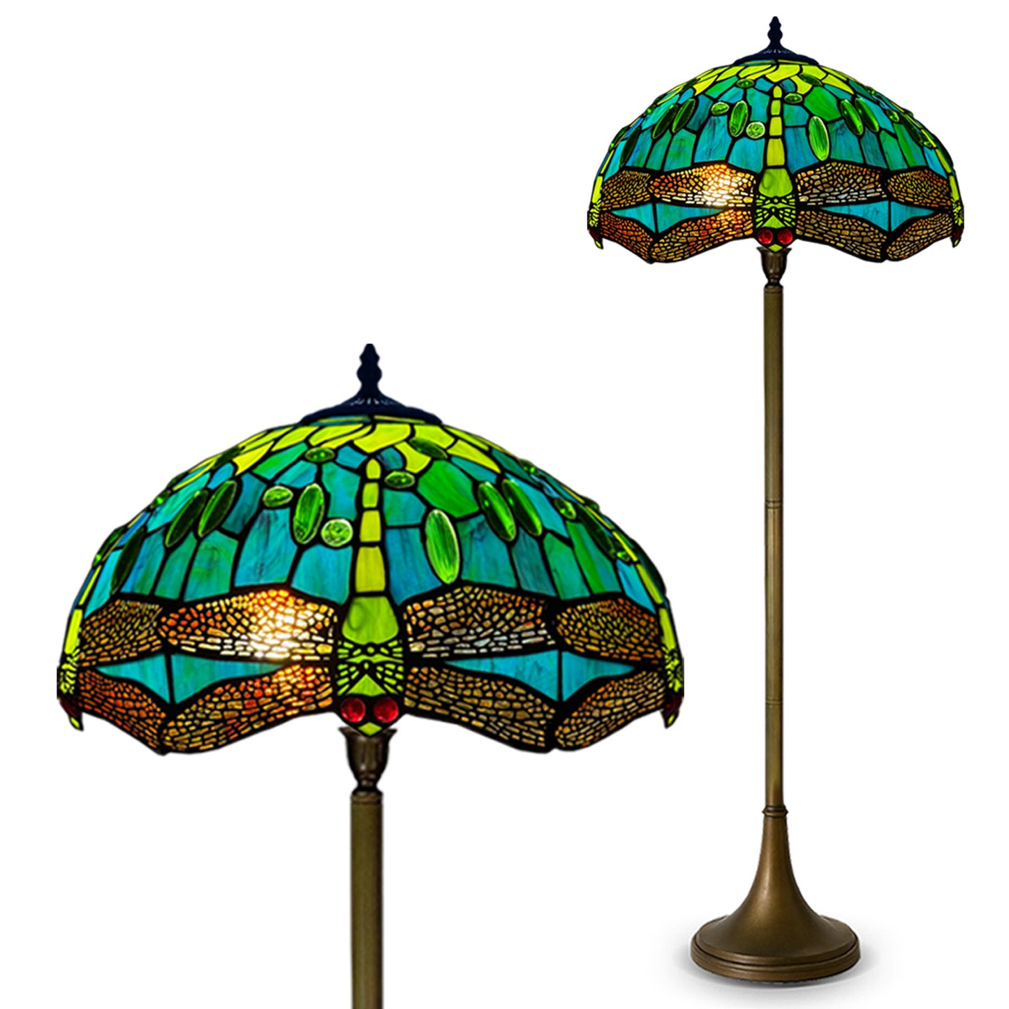 Auroh Tiffany Floor Lamp 16 Inch – TFL-1615 Teal & Green Dragonfly Handcrafted Stained Glass, 168cm, UK
