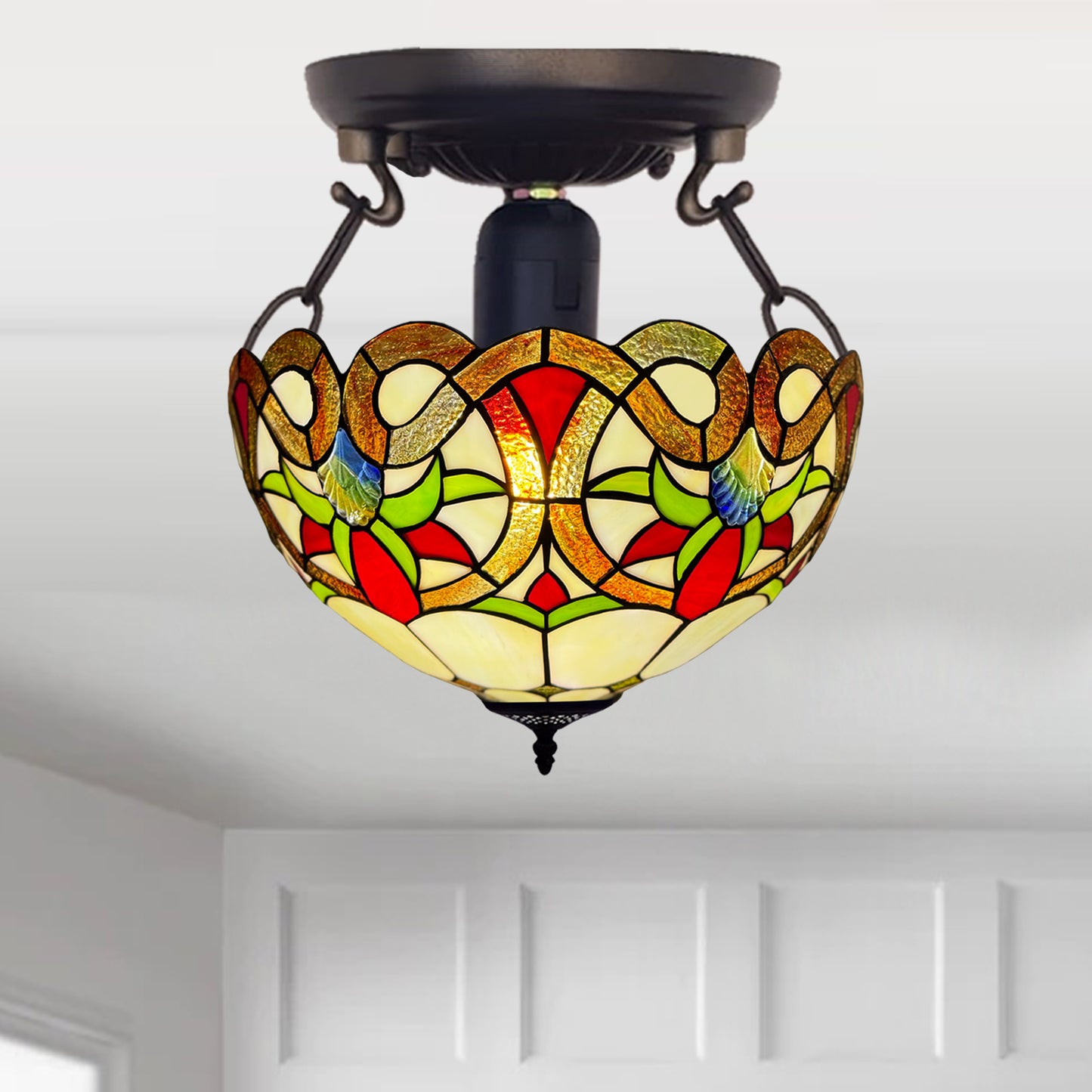 Auroh Tiffany Ceiling Light 16 Inch – C-1650 Amber Victorian Floral Scroll Handcrafted Stained Glass, UK