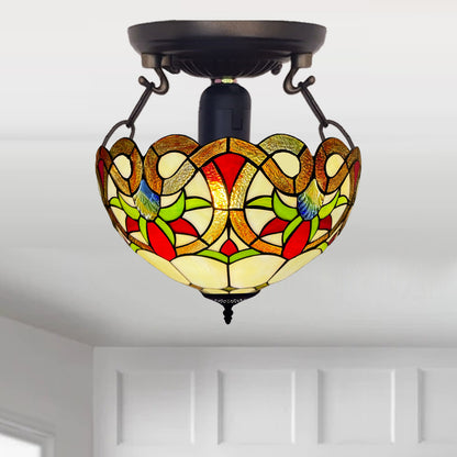 Auroh Tiffany Ceiling Light 16 Inch – C-1650 Amber Victorian Floral Scroll Handcrafted Stained Glass, UK
