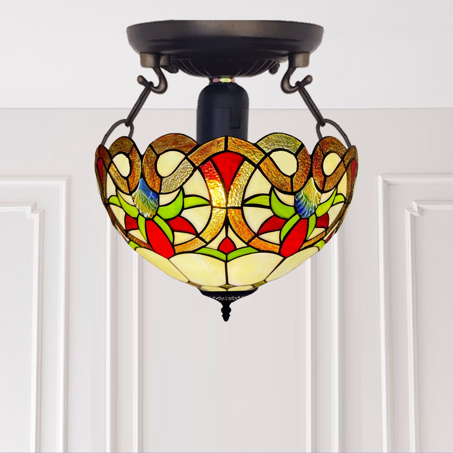 Auroh Tiffany Ceiling Light 16 Inch – C-1650 Amber Victorian Floral Scroll Handcrafted Stained Glass, UK