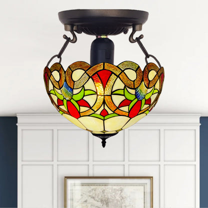 Auroh Tiffany Ceiling Light 16 Inch – C-1650 Amber Victorian Floral Scroll Handcrafted Stained Glass, UK