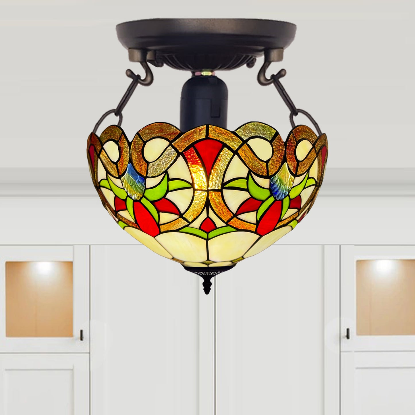 Auroh Tiffany Ceiling Light 16 Inch – C-1650 Amber Victorian Floral Scroll Handcrafted Stained Glass, UK