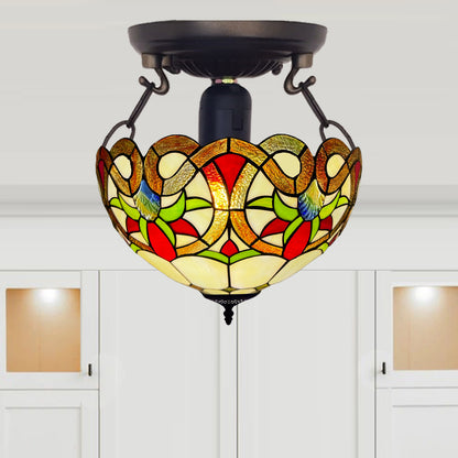 Auroh Tiffany Ceiling Light 16 Inch – C-1650 Amber Victorian Floral Scroll Handcrafted Stained Glass, UK