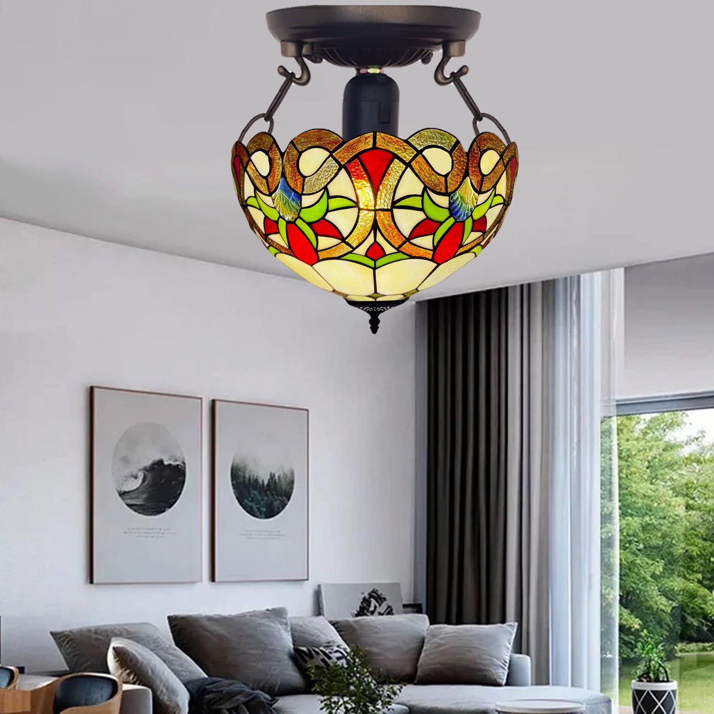 Auroh Tiffany Ceiling Light 16 Inch – C-1650 Amber Victorian Floral Scroll Handcrafted Stained Glass, UK