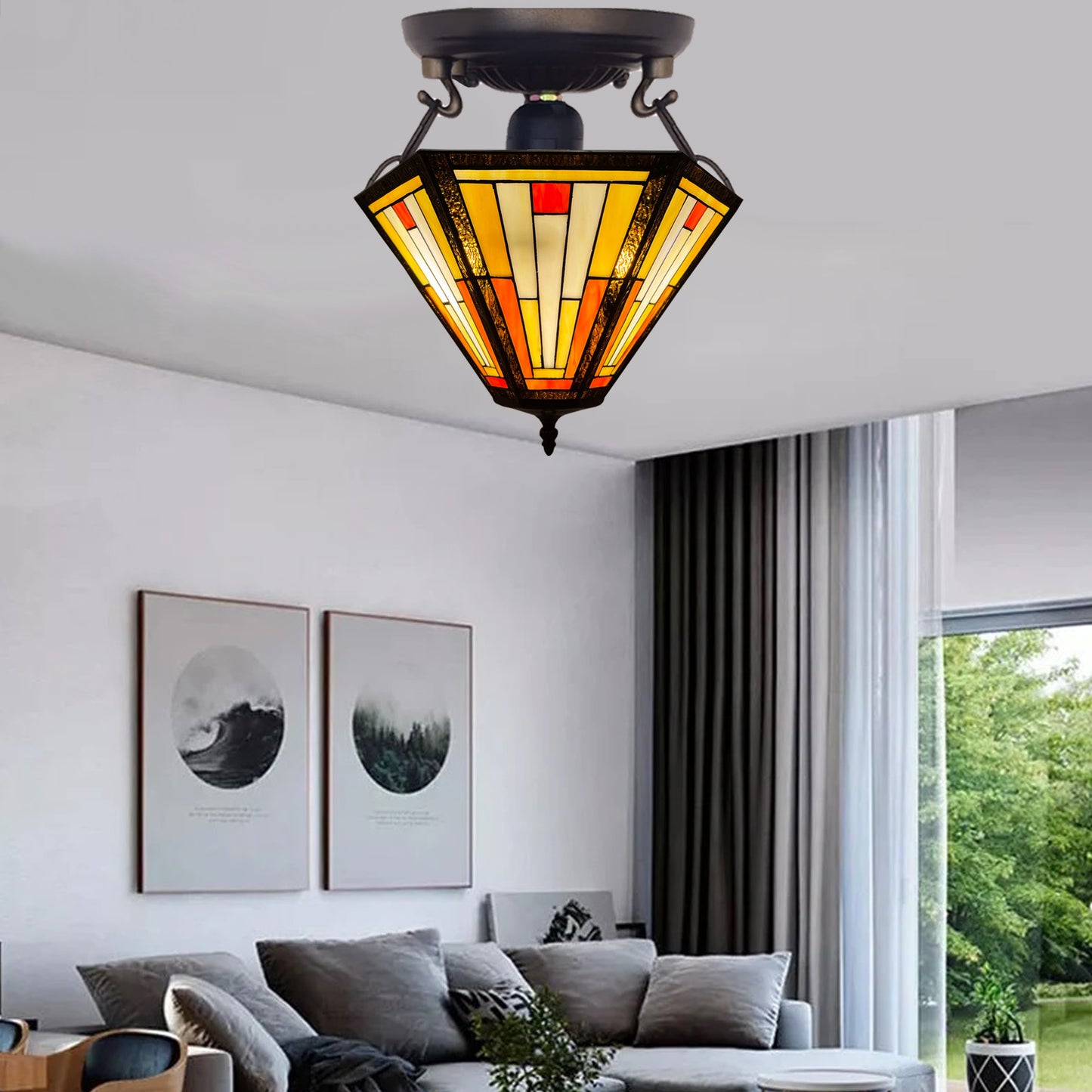 Auroh Tiffany Ceiling Light 16 Inch – C-1651 Handcrafted Stained Glass, UK