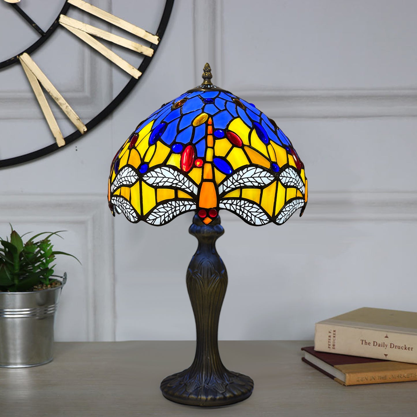Auroh Tiffany Table Lamp 10 Inch – TFTL-1003 Blue & Yellow Dragonfly with White Wings Handcrafted Stained Glass, Bedside or Desk, UK
