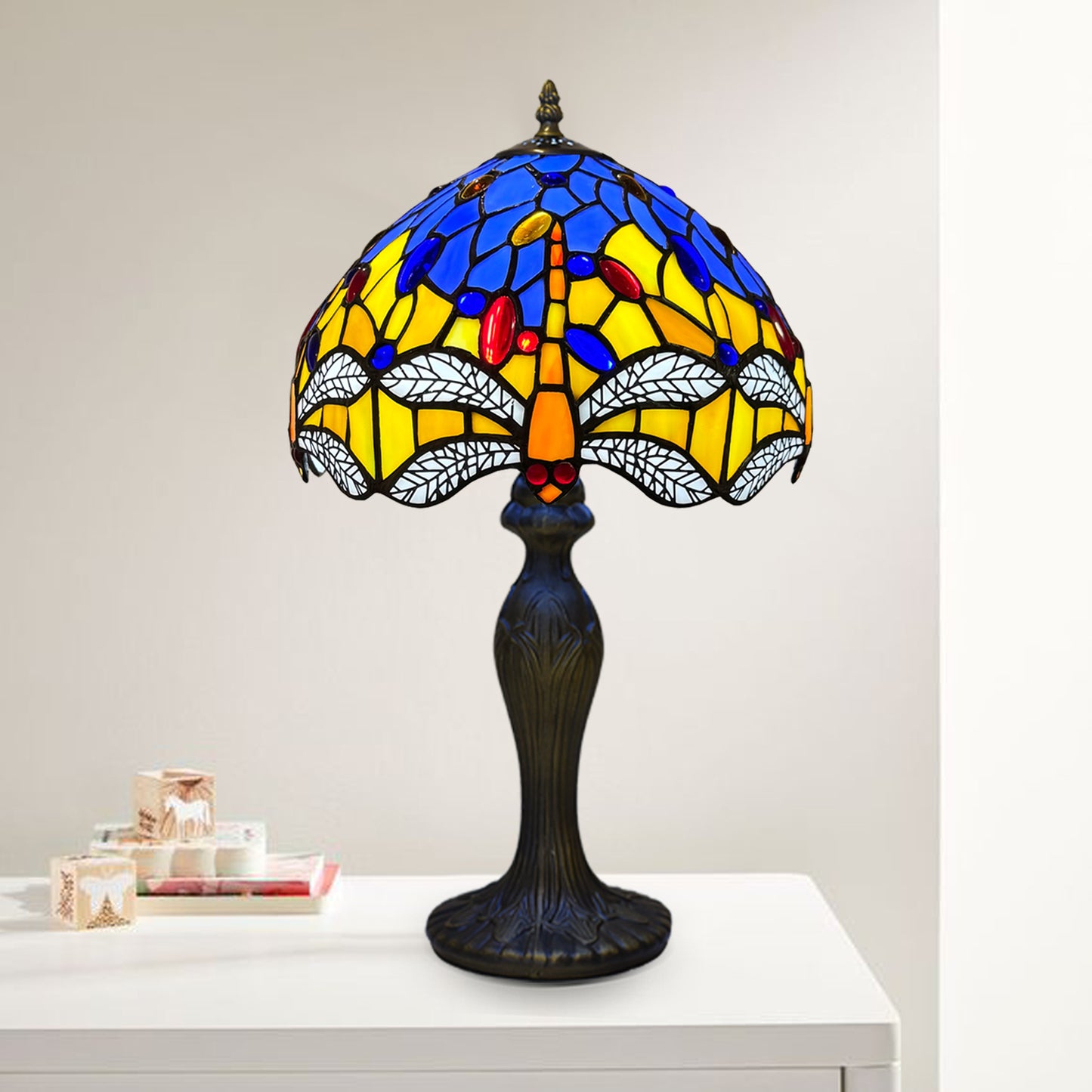 Auroh Tiffany Table Lamp 10 Inch – TFTL-1003 Blue & Yellow Dragonfly with White Wings Handcrafted Stained Glass, Bedside or Desk, UK