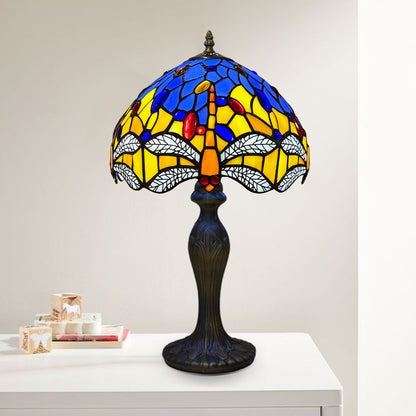 Auroh Tiffany Table Lamp 10 Inch – TFTL-1003 Blue & Yellow Dragonfly with White Wings Handcrafted Stained Glass, Bedside or Desk, UK
