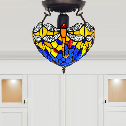 Auroh Tiffany Ceiling Light 10 Inch – C-1003 Blue & Yellow Dragonfly with White Wings Handcrafted Stained Glass, Bedroom or Hallway, UK