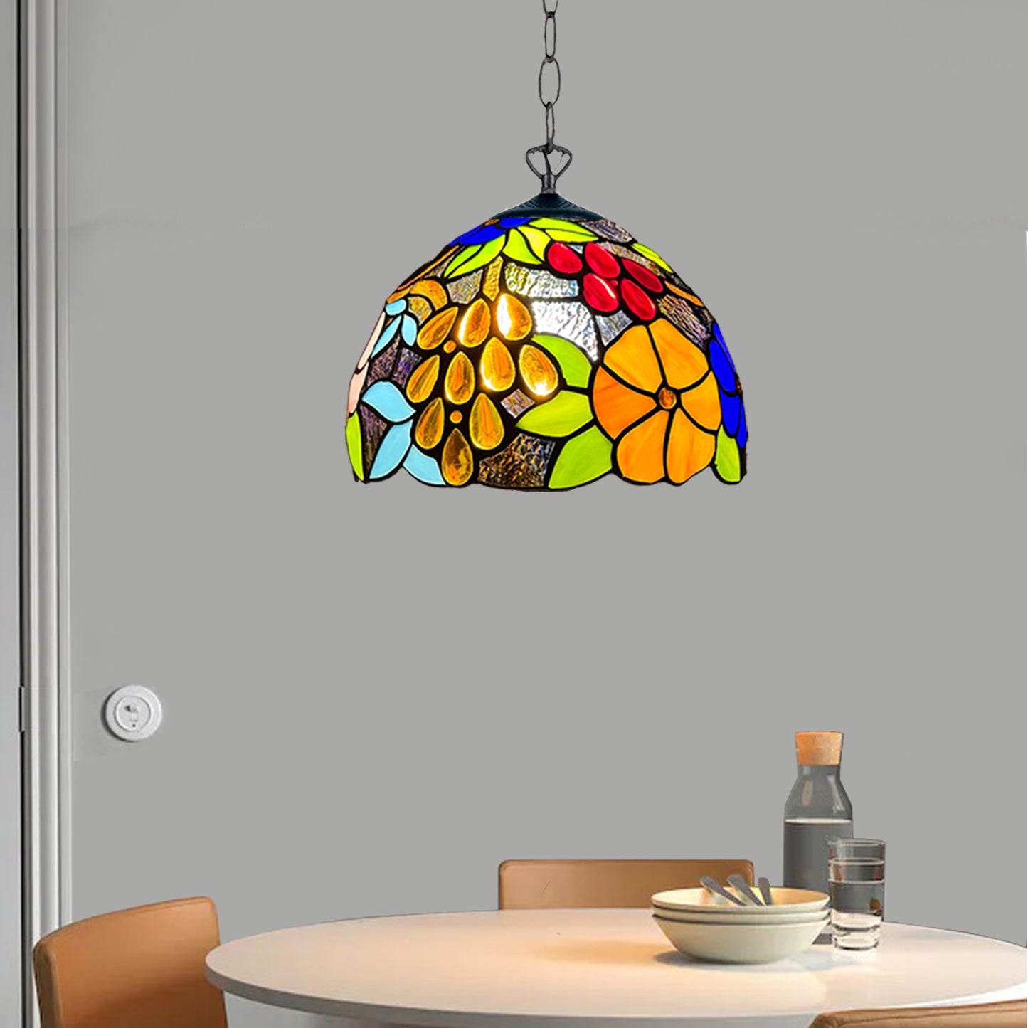 Auroh Tiffany Pendant Light 10 Inch – P-1009 Vibrant Multicolour Garden Floral Handcrafted Stained Glass, Hallway or Bedroom, UK