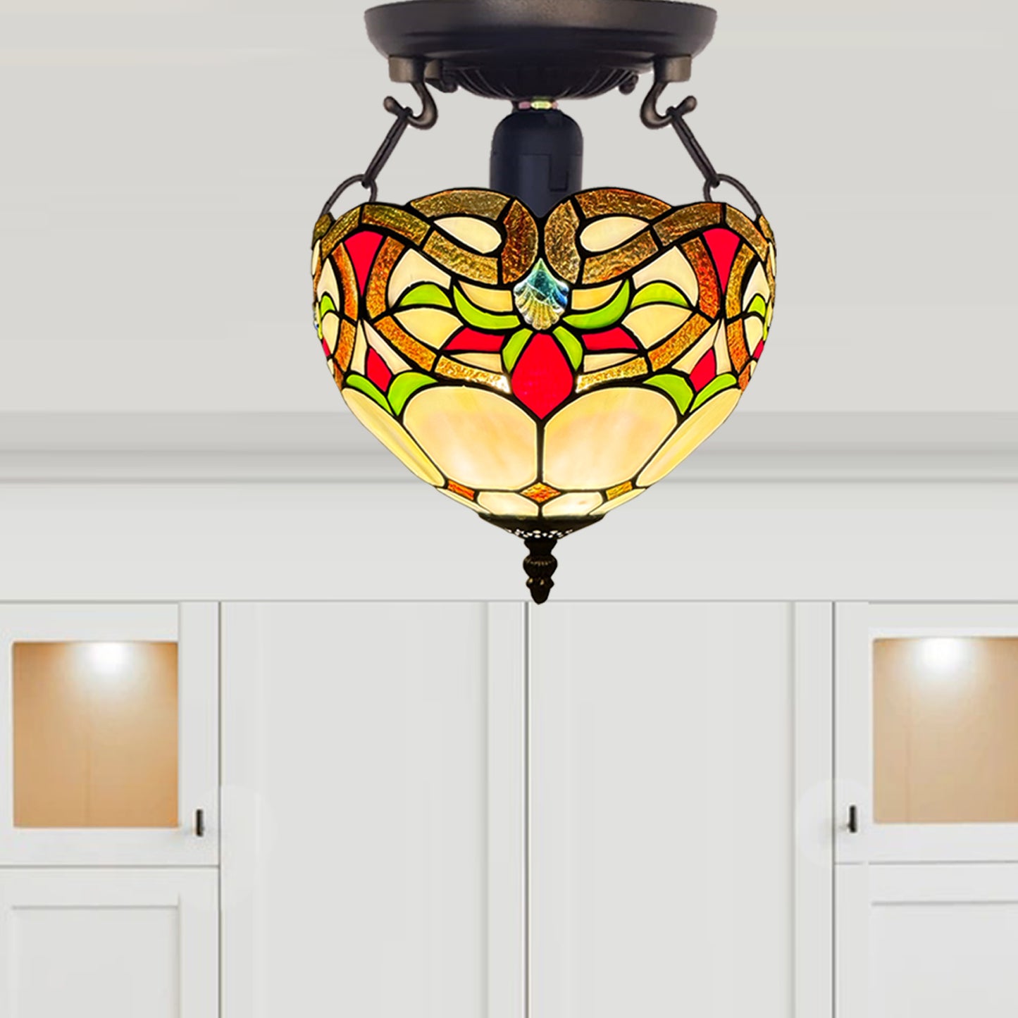 Auroh Tiffany Ceiling Light 10 Inch – C-1050 Cream & Amber Floral Scroll Handcrafted Stained Glass, Bedroom or Hallway, UK