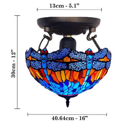 Auroh Tiffany Ceiling Light 16 Inch – C-1602 Blue & Amber Sunset Dragonfly Handcrafted Stained Glass, UK