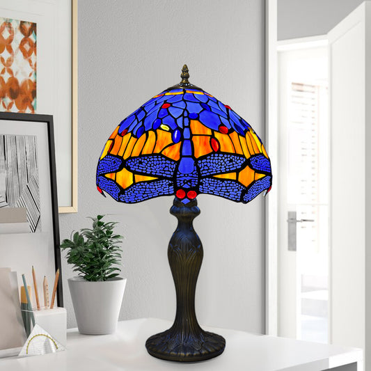 Auroh Tiffany Table Lamp 10 Inch – TFTL-1002 Blue & Amber Sunset Dragonfly Handcrafted Stained Glass, Bedside or Desk, UK