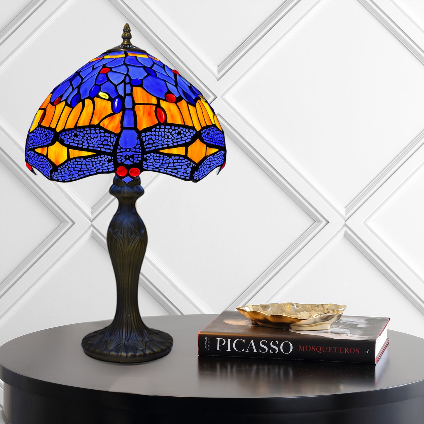 Auroh Tiffany Table Lamp 10 Inch – TFTL-1002 Blue & Amber Sunset Dragonfly Handcrafted Stained Glass, Bedside or Desk, UK