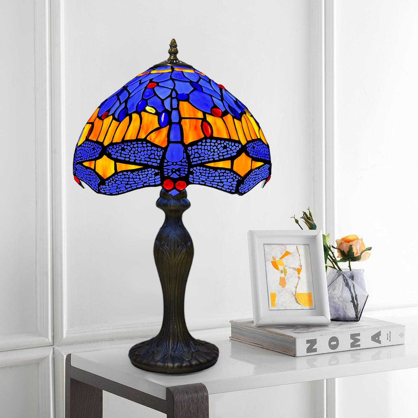 Auroh Tiffany Table Lamp 10 Inch – TFTL-1002 Blue & Amber Sunset Dragonfly Handcrafted Stained Glass, Bedside or Desk, UK