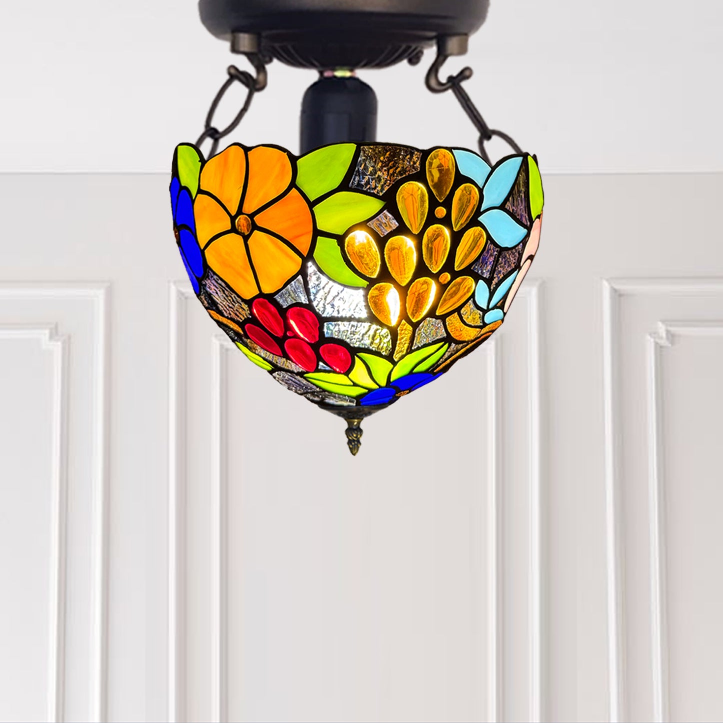 Auroh Tiffany Ceiling Light 10 Inch – C-1009 Vibrant Multicolour Garden Floral Handcrafted Stained Glass, Bedroom or Lounge, UK