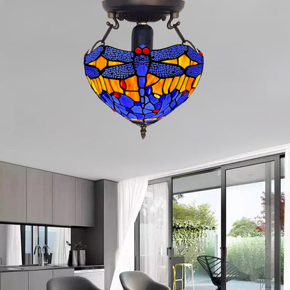 Auroh Tiffany Ceiling Light 10 Inch – C-1002 Blue & Amber Sunset Dragonfly Handcrafted Stained Glass, Bedroom or Hallway, UK