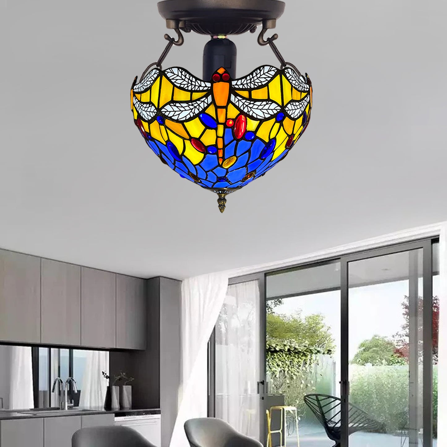 Auroh Tiffany Ceiling Light 10 Inch – C-1003 Blue & Yellow Dragonfly with White Wings Handcrafted Stained Glass, Bedroom or Hallway, UK