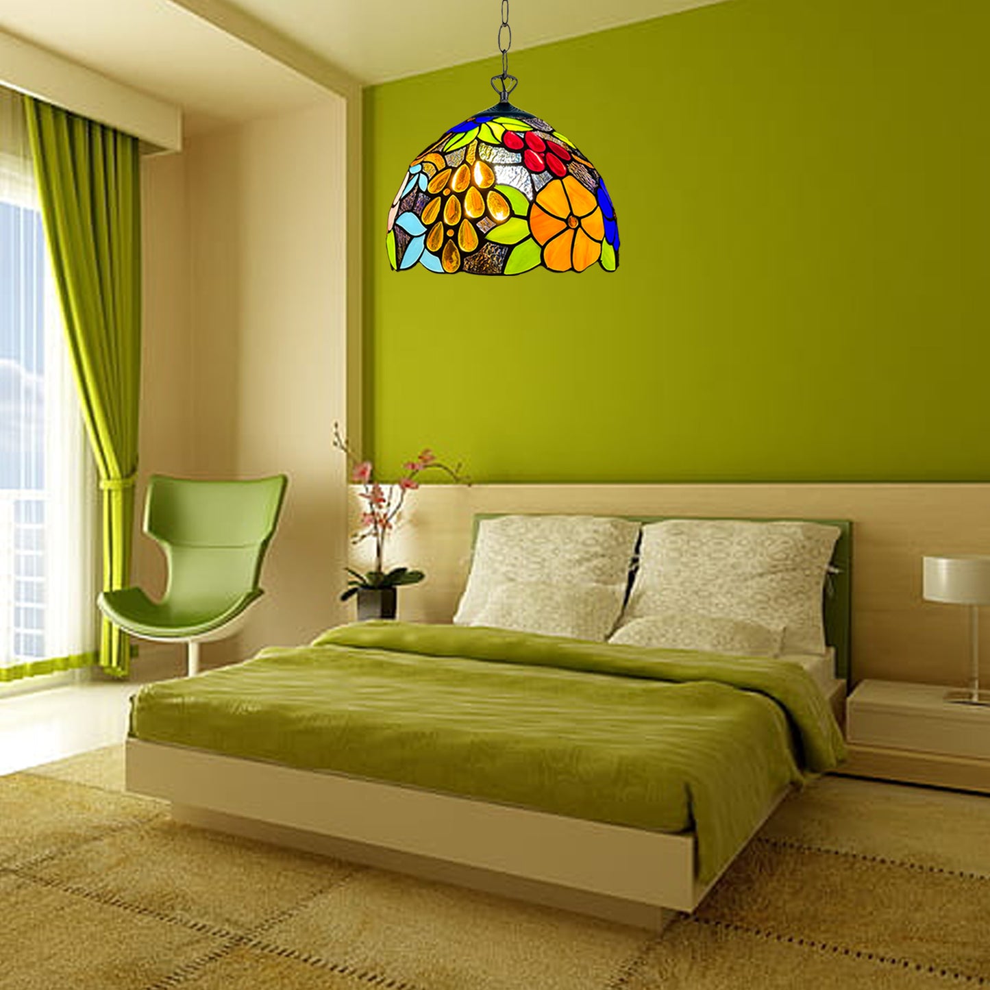 Auroh Tiffany Pendant Light 10 Inch – P-1009 Vibrant Multicolour Garden Floral Handcrafted Stained Glass, Hallway or Bedroom, UK