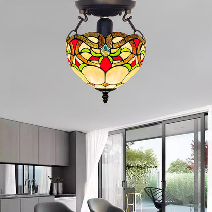 Auroh Tiffany Ceiling Light 10 Inch – C-1050 Cream & Amber Floral Scroll Handcrafted Stained Glass, Bedroom or Hallway, UK