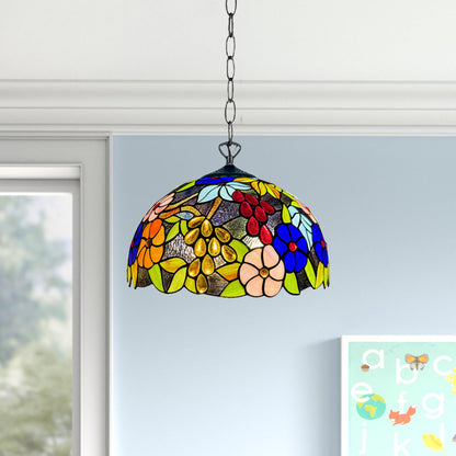 Auroh Tiffany Pendant Light 16 Inch – P-1609 Multicolour Garden Floral Handcrafted Stained Glass, UK