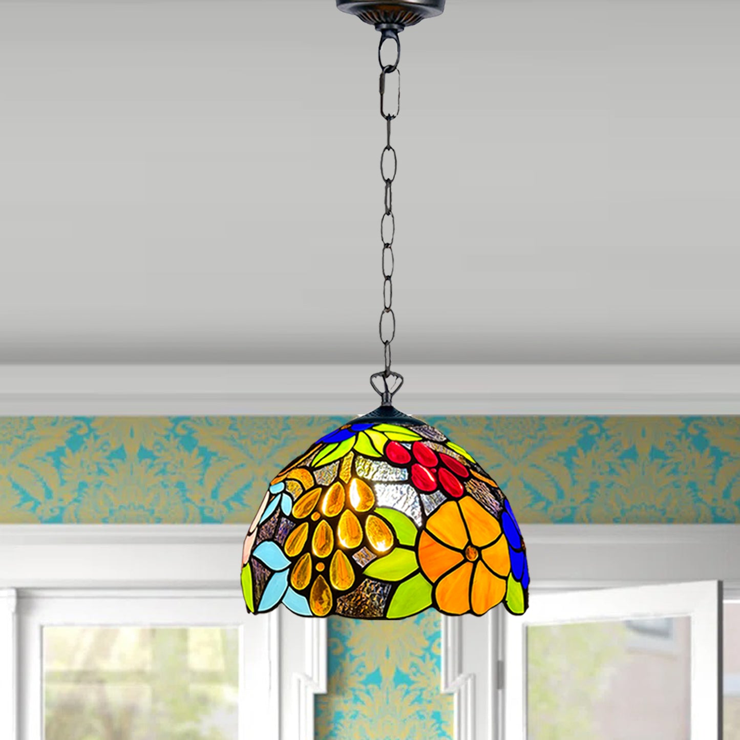 Auroh Tiffany Pendant Light 10 Inch – P-1009 Vibrant Multicolour Garden Floral Handcrafted Stained Glass, Hallway or Bedroom, UK