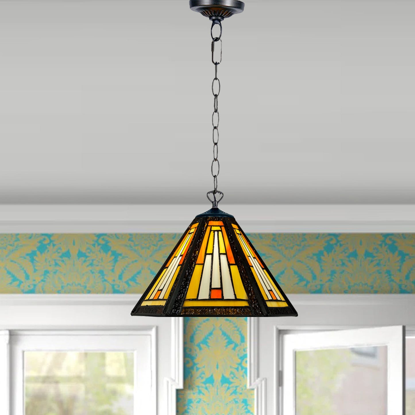 Auroh Tiffany Pendant Light 10 Inch – P-1051 Cream & Amber Sunset Mission-Style Geometric Handcrafted Stained Glass, Hallway or Bedroom, UK