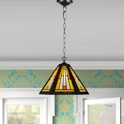 Auroh Tiffany Pendant Light 10 Inch – P-1051 Cream & Amber Sunset Mission-Style Geometric Handcrafted Stained Glass, Hallway or Bedroom, UK