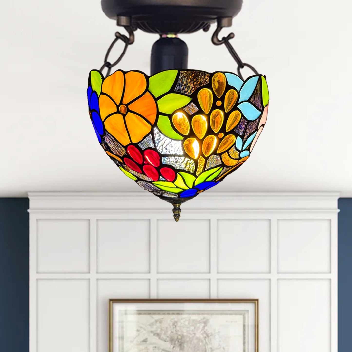 Auroh Tiffany Ceiling Light 10 Inch – C-1009 Vibrant Multicolour Garden Floral Handcrafted Stained Glass, Bedroom or Lounge, UK