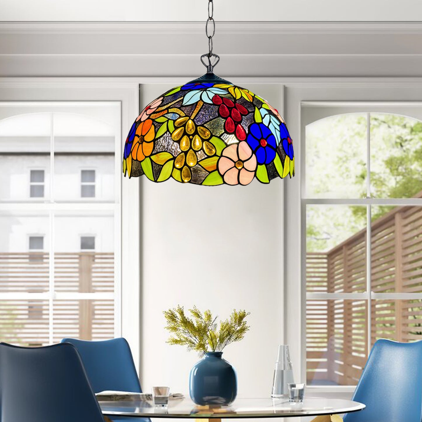 Auroh Tiffany Pendant Light 16 Inch – P-1609 Multicolour Garden Floral Handcrafted Stained Glass, UK