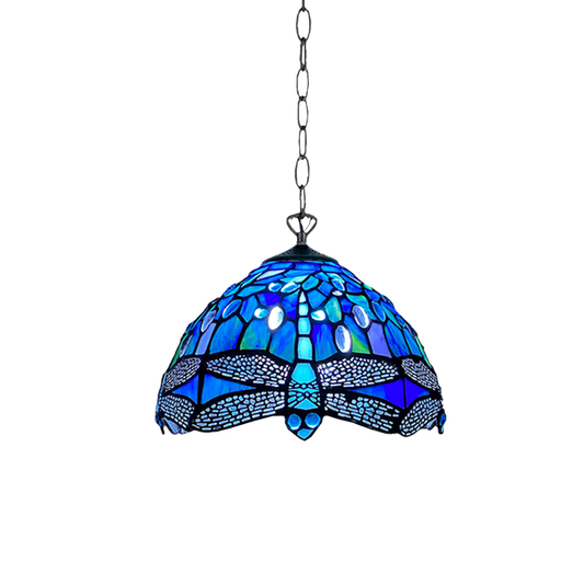 Auroh Tiffany Pendant Light 10 Inch – P-1007 Deep Sapphire Blue Dragonfly Handcrafted Stained Glass, Hallway or Bedroom, UK
