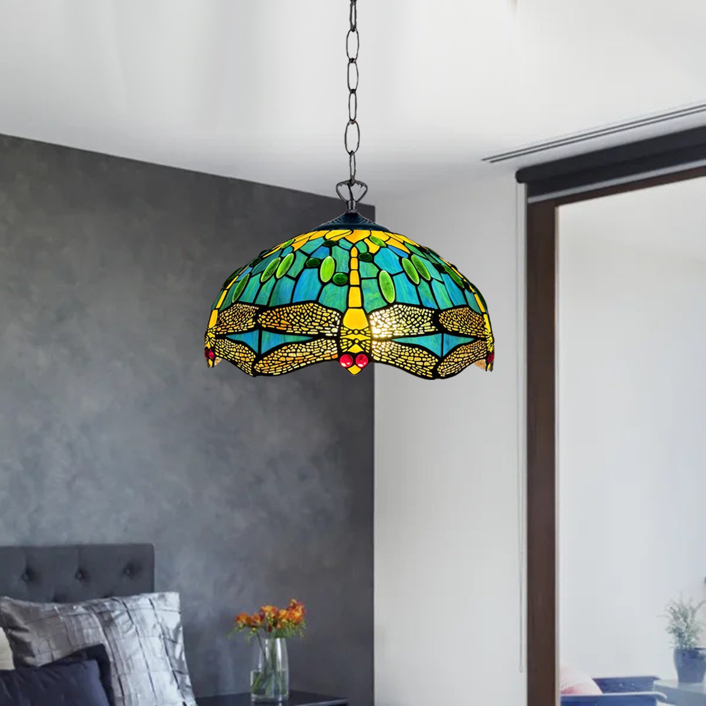 Tiffany Pendant Lamps Handcrafted Stained Glass 16 inch Lamp Shades Stunning Quality Antique Design Pendant Lamps for Living Room Bedroom Lounge Hallway