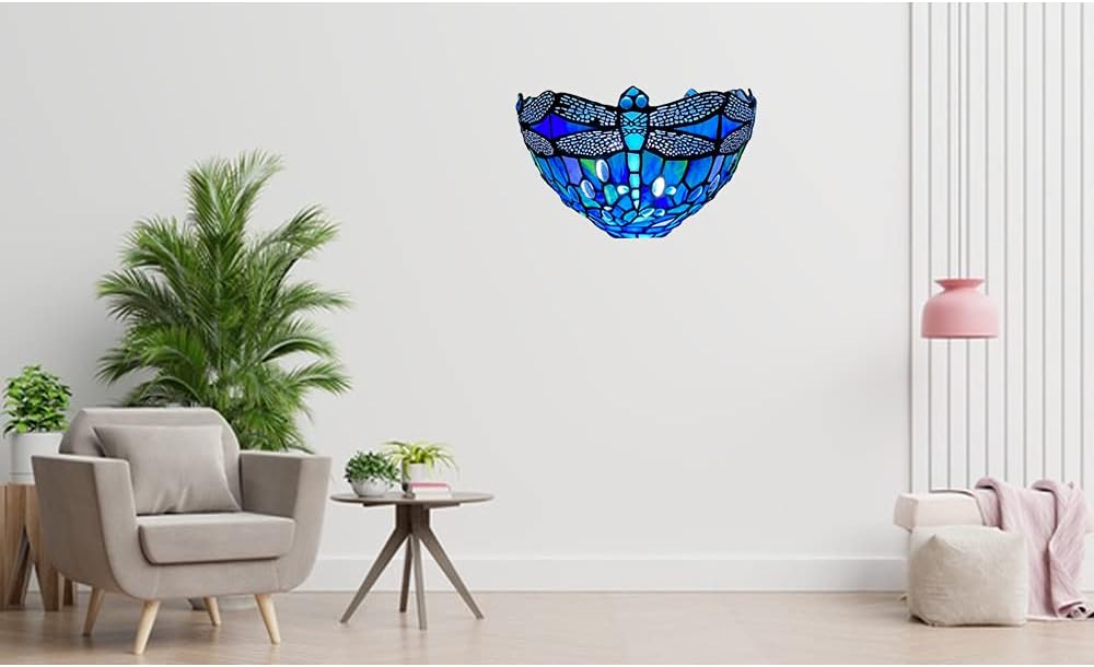 12 Inch Tiffany Style Wall Sconce Light, Blue Dragonfly Design Stained Glass Wall Lamp Sconce for Room, Lounge, Corridor, Hallway (TWL-1007)