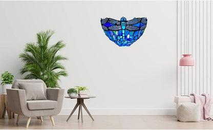 12 Inch Tiffany Style Wall Sconce Light, Blue Dragonfly Design Stained Glass Wall Lamp Sconce for Room, Lounge, Corridor, Hallway (TWL-1007)