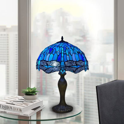 Auroh Tiffany Table Lamp 16 Inch – TFTL-1607 Deep Sapphire Blue Dragonfly Handcrafted Stained Glass, UK