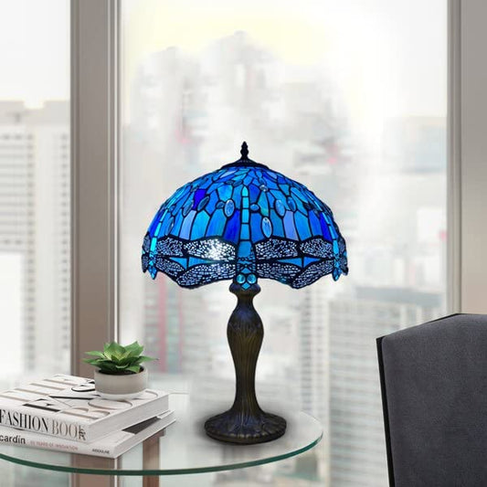 Auroh Tiffany Table Lamp 16 Inch – TFTL-1607 Deep Sapphire Blue Dragonfly Handcrafted Stained Glass, UK