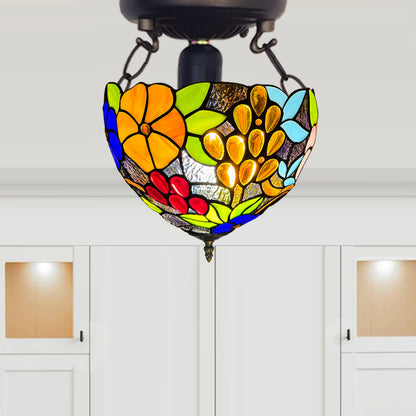 Auroh Tiffany Ceiling Light 10 Inch – C-1009 Vibrant Multicolour Garden Floral Handcrafted Stained Glass, Bedroom or Lounge, UK