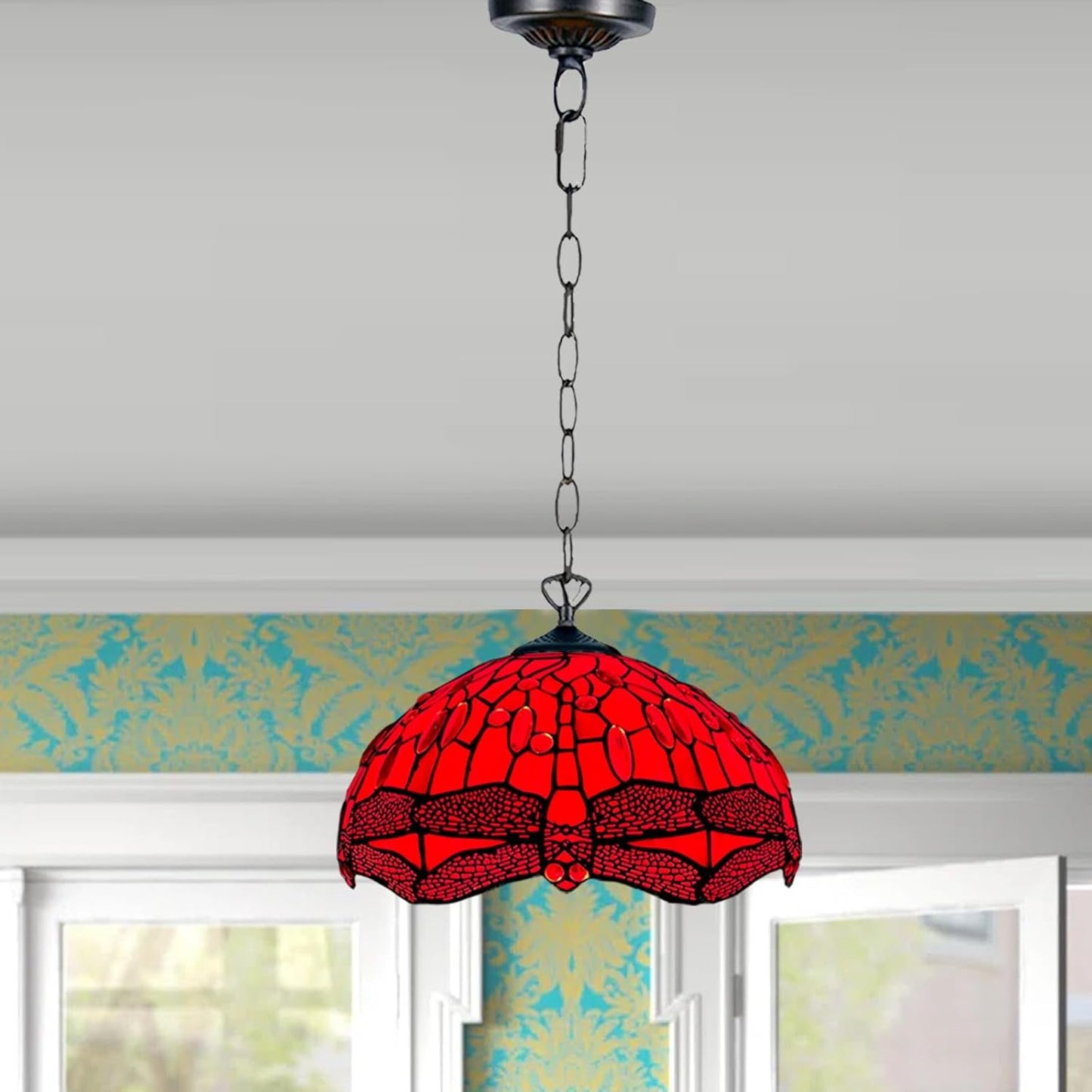Tiffany Pendant Light 16 inch Handcrafted Lamp Shade Antique Dragonfly Design Pendant Ceiling Lights for Living Room Decor Home Decor Lounge